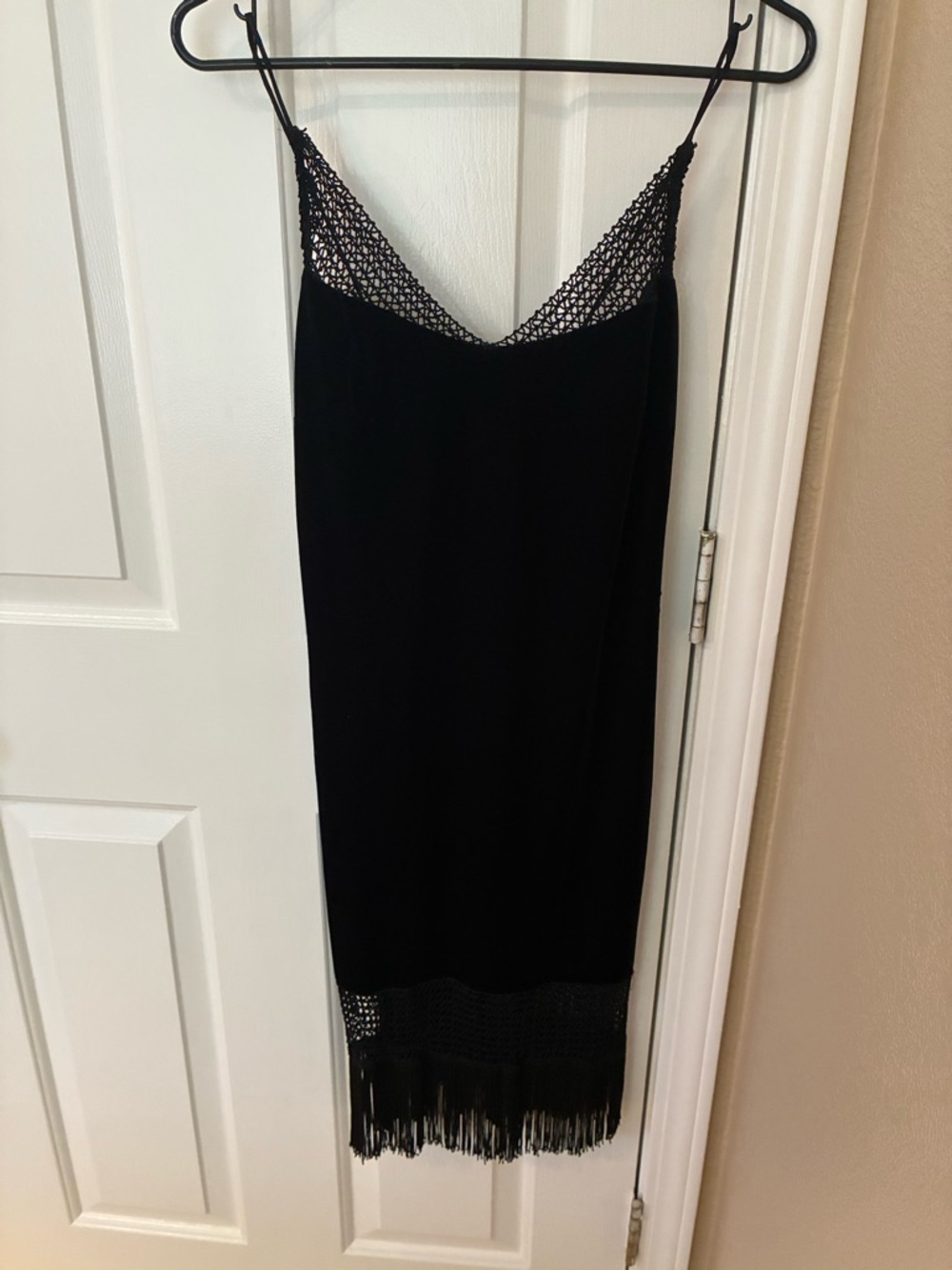 Black Fringe Slip Dress with Crochet Trim